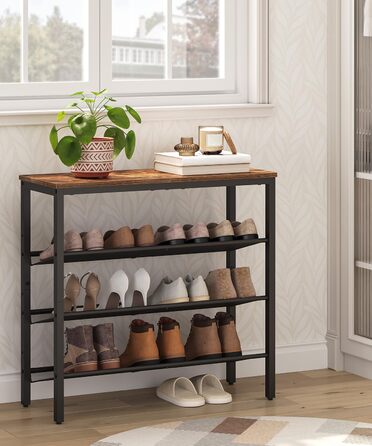 Взуттєва полиця HOOBRO, 4 полиці для взуття, шафа для взуття, регульована металева сітчаста полиця, містка верхня частина, для 12-15 пар взуття, вхід, коридор, індустріальний стиль, вінтажний коричнево-чорний EBF42XJ01 темно-коричневий чорний 75 x 30 x 69