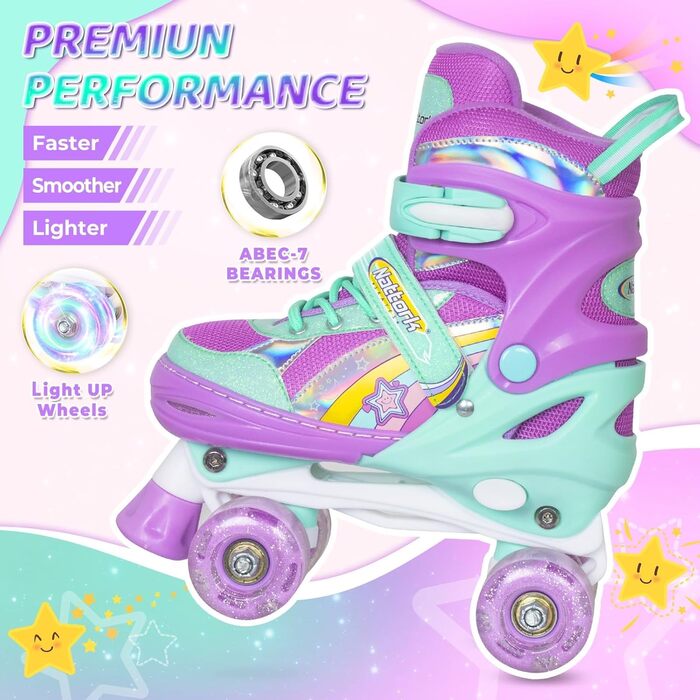 Роликові ковзани Nattork для дівчаток, регульовані у 4 напрямках, райдужні роликові ковзани найкращий подарунок на день народження для занять спортом на свіжому повітрі, розмір S (27-31 EU / 175-200 MM), бензиновий колір