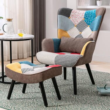 Крісло-відкидка з пуфом, крісло в стилі печворк, дерев&39яне крісло, сучасне крісло-підголовок для вітальні з ніжками з масиву дерева, крісло під телевізор, лляне крісло для відпочинку, коричневе крісло