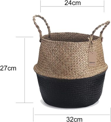 Кошик з морської трави, квітковий горщик, натуральний кошик, плетений кошик для білизни з ручкою для зберігання рослинних іграшок (чорний) Чорна найширша частина 32 x 28 см