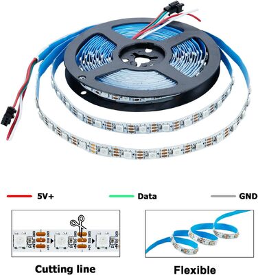 В WS2812B індивідуально адресована світлодіодна стрічка COB 5M 160 світлодіодів / м Гнучка світлодіодна стрічка RGB Повнокольорова Dream Color IP20 Неводонепроникна світлодіодна стрічка для домашньої вечірки (біла друкована плата, 300 світлодіодів/5 м), 5