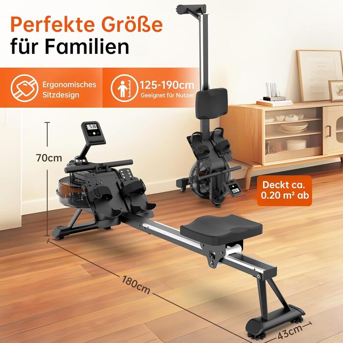 Гребний тренажер YAMO для домашнього використання, водний гребний тренажер для домашнього використання, 6-рівневе регулювання опору, підтримка Bluetooth, надзвичайно широке сидіння, вантажопідйомність до 158 кг, з тримачем для планшета YR35