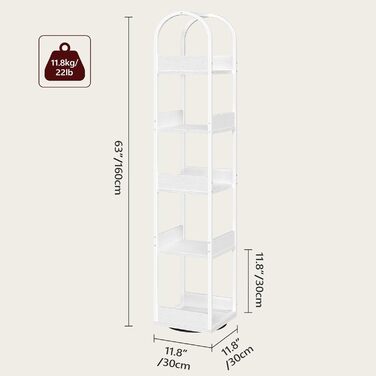 Обертова на 360 5-ярусна книжкова полиця, окремостояча полиця із захистом країв, 30 x 30 x 160 см, полиця для зберігання, для вітальні, кабінету, біла ABKBW3501