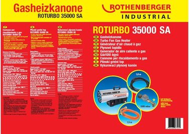 Промисловий газовий обігрівач/нагрівальна гармата Rothenberger з п&39єзоелементом, шлангом, регулятором, захистом від розриву шланга RoTurbo 35000SA 1000C Регульований Включає Bluetooth-динамік, час роботи до 30 годин RoTurbo 35000 з регульованою функцією