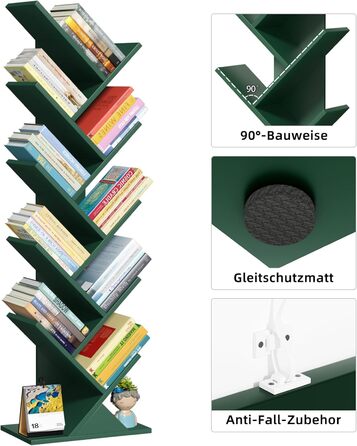 Книжкова полиця у формі дерева, 10-ярусна окремостояча полиця для книг/CD/журналів, DVD, дерев&39яна книжкова полиця для вітальні, спальні та домашнього офісу, темно-зелена, 20Г x 34Ш x 101В см