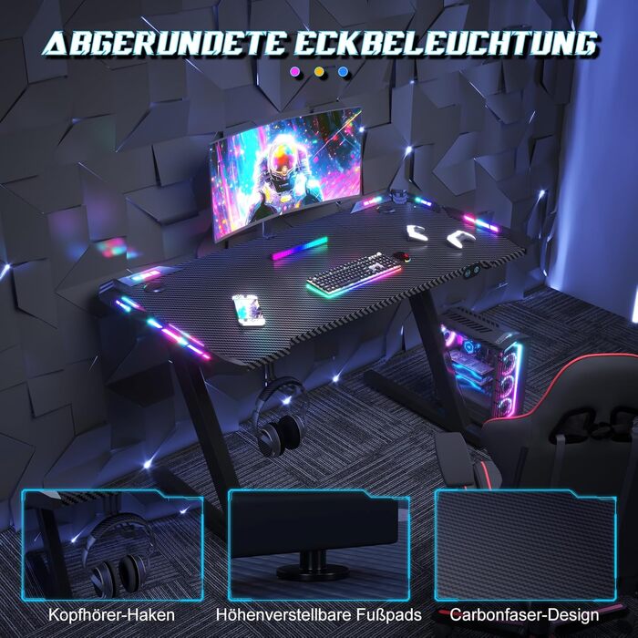 Ігровий стіл JUMMICO зі світлодіодним освітленням, ігровий стіл RGB, міцний комп&39ютерний стіл для домашнього офісу та геймерів, ігровий стіл з тримачем для навушників та підсклянником, 120 x 60 см, чорний 120x60см