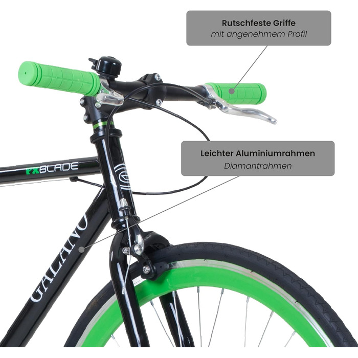 Велосипед Galano Blade Fixie для чоловіків та жінок, зріст 165-195 см, ретро-велосипед з однією швидкістю, 28-дюймові колеса, різні розміри, міські велосипеди з фліп-флоп втулкою, шосейний велосипед, міський велосипед, чорний/зелений, рама 53 см