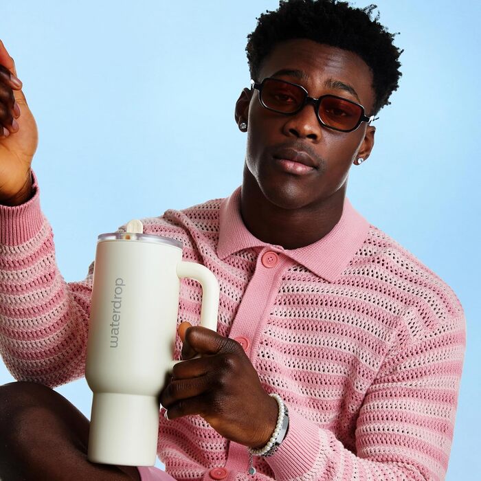 Термокружка Waterdrop з трубочкою 1,1 л Герметична, міцна пляшка для пиття з відкидною трубочкою, зберігає напої холодними протягом 12 годин, кухоль для пиття з кришкою, ізольована пляшка з нержавіючої сталі, зимово-білий колір