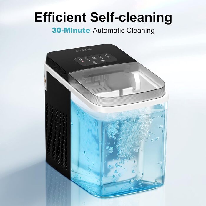 Машина для виробництва кубиків льоду WOLTU, 15 кг/24 години, 9 кубиків льоду за 7 хвилин, резервуар для води 1,4 л, 2 розміри кубиків льоду, світлодіодний екран, функція самоочищення, льодогенератор з прозорою кришкою, чорний 1,4 л чорний