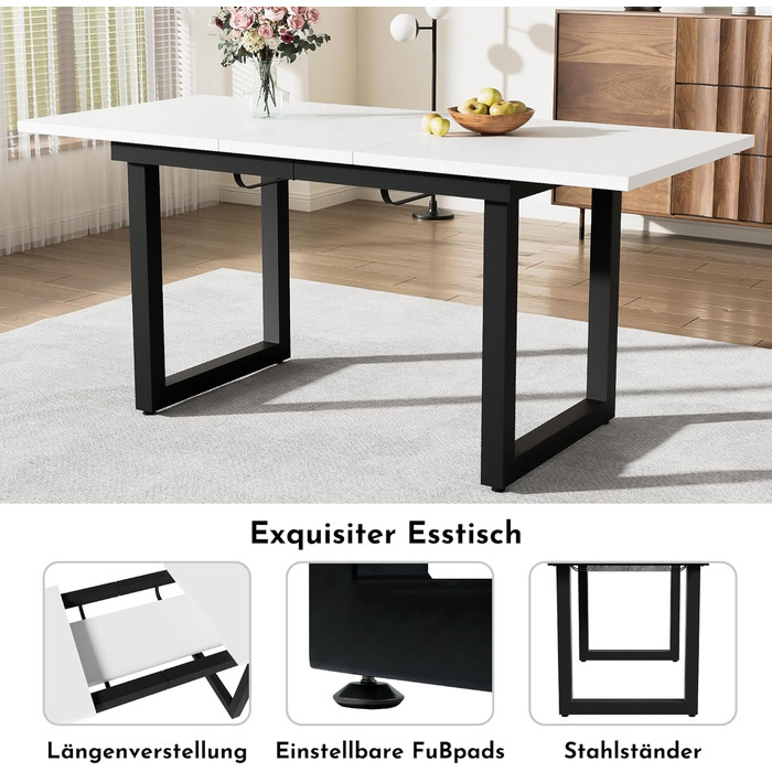 Розсувний обідній стіл Merax з металевими ніжками, прямокутний кухонний стіл для вітальні та їдальні, білий 140/180 x 80 x 75 см (розкладний) білий
