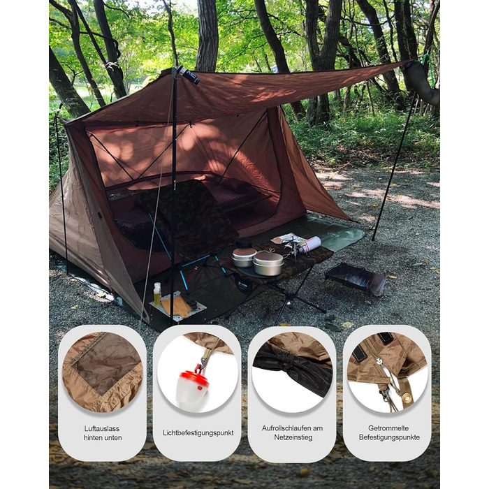 Намет OneTigris Backwoods Bungalow 2.0 для 1-2 осіб, кемпінговий намет, легкий розкладний намет, водонепроникний, 3-сезонний намет-укриття для походів на природі (коричневий колір Coyote Brown), версія 2.0