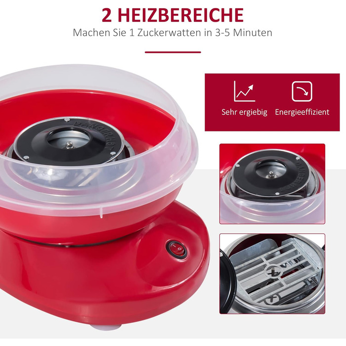 Машина для виробництва солодкої вати HOMCOM, проста у використанні машина для виробництва солодкої вати, для дорослих і дітей, нержавіюча сталь, PP, червоний