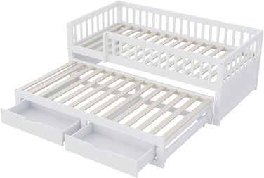 Дитяче ліжко 90x200 диван-ліжко з масиву дерева з висувним ліжком та шухлядами, багатофункціональне ліжко, кушетка, гостьове ліжко з місцем для зберігання речей, дитяче ліжко, каркас ліжка із захистом від падіння та рейковою основою, без матраца, біле. Бі