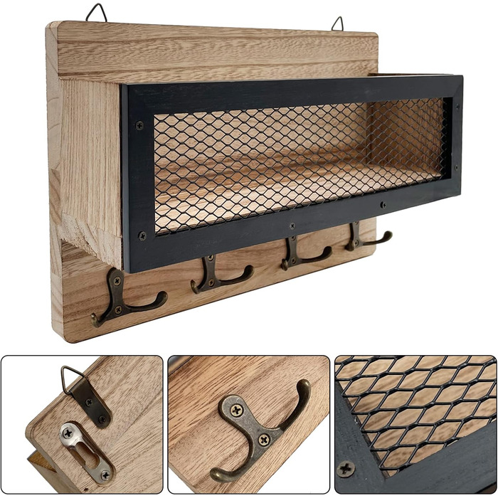 Тримач для ключів настінний декоративний, дерев'яний настінний органайзер для ключів з 4 подвійними гачками для ключів, настінна в