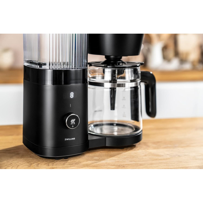 Кавоварка з фільтром ZWILLING ENFINIGY зі скляним глечиком 1,5 л, кавоварка з бойлером з нержавіючої сталі, функцією Blooming & Smart Descaler, пластик, чорний скляний глечик 1,5 л