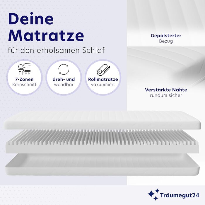 Матрац Trumegut24 AquaFlex 7-зонний 90x200 см H2&H3 Ергономічний матрац з холодної піни Гіпоалергенний та антибактеріальний Знімний та пральний чохол Oeko-TEX (12 см, 90 x 200 см) 90 x 200 см 12 см