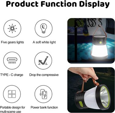 Світлодіодний сонячний кемпінговий ліхтар, USB-акумуляторний кемпінговий ліхтар з акумулятором 1200 мАг, 5 світлодіодних режимів освітлення, кемпінговий ліхтар з функцією ліхтарика та портативним зарядним пристроєм, водонепроникний кемпінговий ліхтар IP65