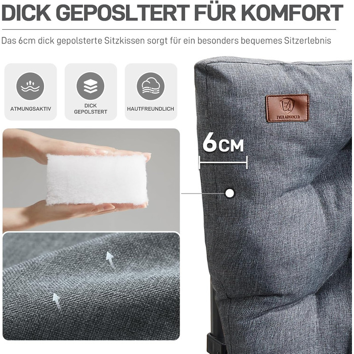 Складаний кемпінговий стілець EVER ADVANCED, вантажопідйомність 230 кг, XL-розмір, ширина сидіння 62 см з бічною кишенею та тримачем для напоїв, великий складний стілець, рибальський стілець для кемпінгу, використання на вулиці, балкон, сад, сірий