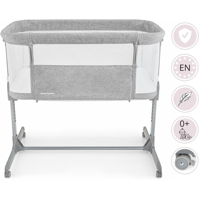 Дитяче ліжечко та дорожнє ліжечко Moby System з матрацом - Luna 3в1 - Дитяче дорожнє ліжечко з регульованою висотою, приліжкове ліжечко до 9 кг, знімна бічна панель, 4 транспортні колеса, сірий