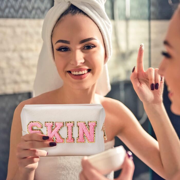 Косметична сумка SKIN&BATH Patch PU Дорожні туалетні сумки великої місткості, золотиста водонепроникна сумка Varsity Letter із блискавками для макіяжу, миття, догляду, ділової поїздки, SKINBATH, 7