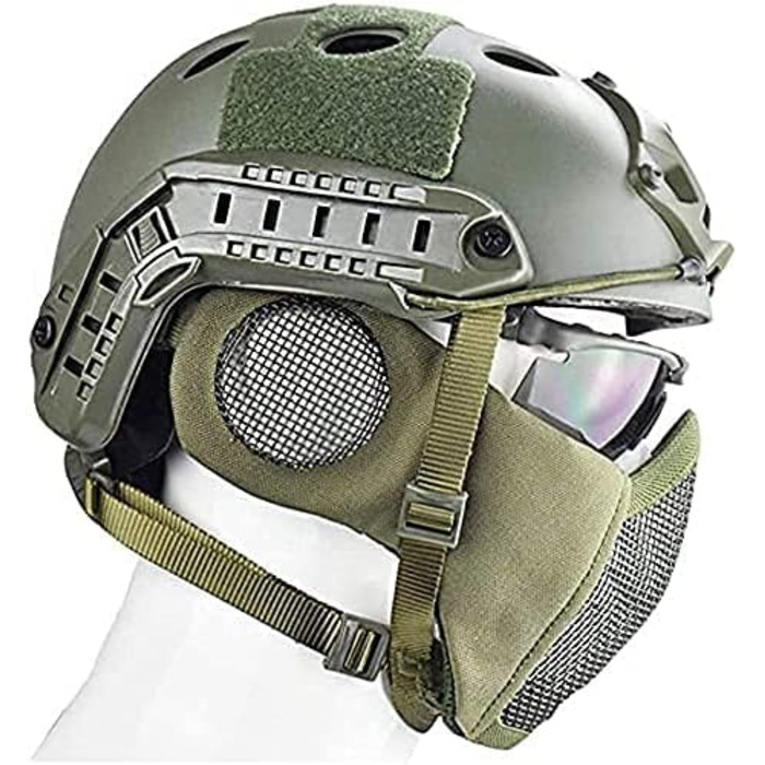 Шолом для пейнтболу PJ Airsoft Fast зі складними засобами захисту вух, маскою з напівсталевої сітки та комплектом захисних окулярів OD