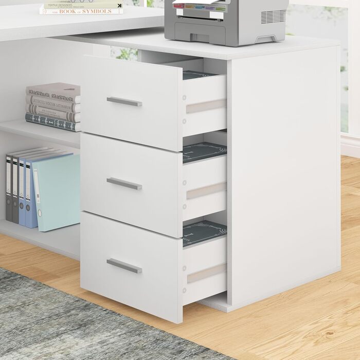 Білий L-подібний двосторонній кутовий письмовий стіл з місцем для зберігання для домашнього офісу Комп&39ютерний стіл з 3 шухлядами та 2 полицями для офісу Білий 140 см