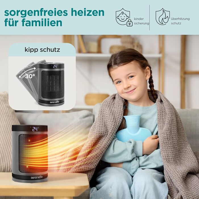 Керамічний обігрівач SereneLife 1500W PTC, безшумний та енергоощадний, WiFi термостат з пультом керування, осциляція 70, сірий