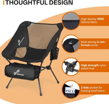 Складаний кемпінговий стілець Sportneer, портативний кемпінговий стілець, вантажопідйомність 150 кг, надлегкий, маленький складний стілець із сумкою для пікніків, активного відпочинку на свіжому повітрі, походів, 1 чорний