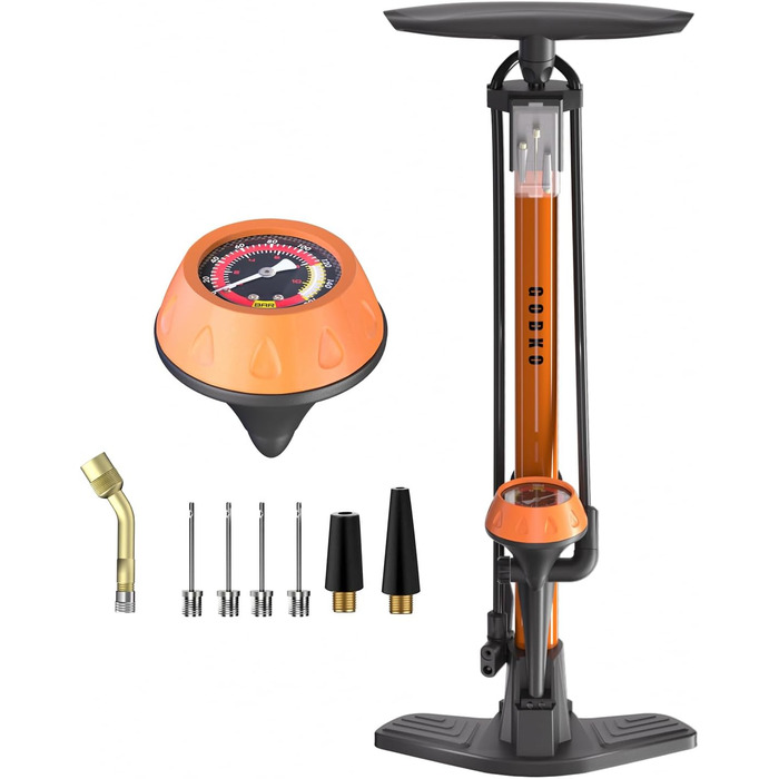 Велосипедний насос GOBKO, підлоговий, 129x23.5x12 см, 11 бар / 160 psi, сталь, помаранчевий
