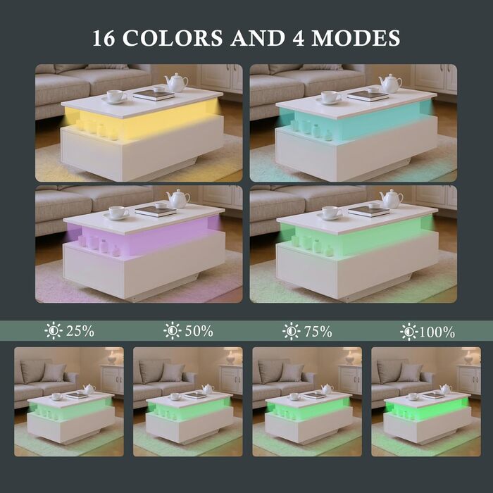 Журнальний столик з регульованою висотою, глянцевий стіл для вітальні зі світлодіодним підсвічуванням, відкритою полицею для демонстрації та 2 шухлядами, сучасний, 85 x 50 x 45 см, білий