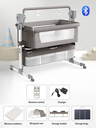 Дитяче ліжечко Magic ZC Electric Bluetooth з колесами, розкладне, що трансформується, для спільного сну, пульт дистанційного керування, 5 гойдалок, колиска-колиска з музикою (601 світло-сірий)