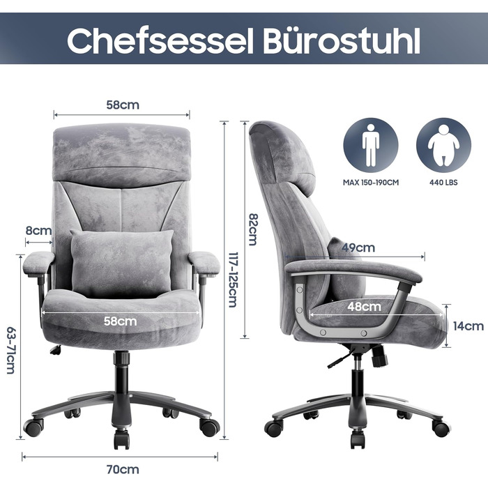 Ергономічне офісне крісло, вантажопідйомність 200 кг, крісло керівника, письмове крісло, м&39яке та зручне широке сидіння XXL, потовщена підкладка, регульована висота, з поперековою опорою, для високих людей, вельветова тканина, сіра вельветова тканина