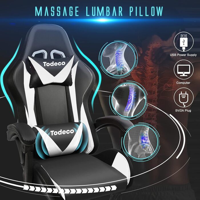 Ігрове крісло Todeco, масажне з підсвічуванням, світлодіодне гоночне крісло, ігрове крісло, ергономічне офісне крісло, регульована спинка, регульована висота, поворотне крісло з підголівником та поперековою подушкою, біле