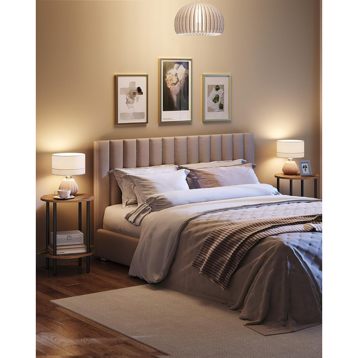 Круглий приставний столик, журнальний столик з 2 полицями, невелика тумбочка біля ліжка, журнальний столик в індустріальному стилі, для вітальні, спальні, вінтажний коричневий та чорний DTBZ01BF Вінтажний коричневий чорний 1