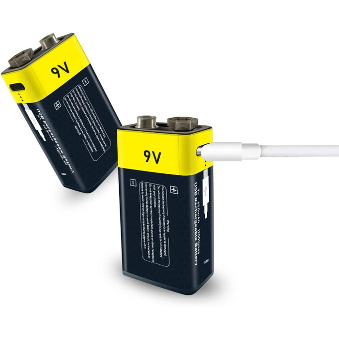 Літієві акумуляторні батареї типу C 9 В, 1,5 В, літій-іонні акумуляторні батареї USB 9 В, 650 мАг із зарядним кабелем типу C, швидка зарядка за 2 години (2 шт.) (9 В). 2-9 В