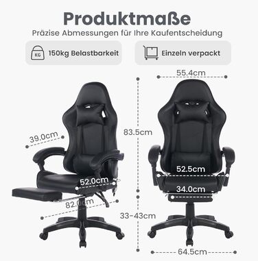 Ергономічне шкіряне ігрове крісло з поворотом на 360, регульоване по висоті офісне крісло з підставкою для ніг, підголівником та поперековою опорою, гоночний дизайн, для офісу та ігор, чорне, 64,5x52x116,5 см