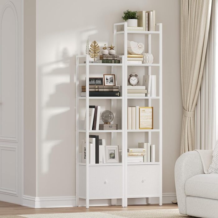 Книжкова полиця з шухлядою, окремостояча полиця, з 6 полицями, 33 x 24 x 157,5 см, книжкова шафа з металевим каркасом, органайзер для вітальні, кабінету або кухні, біла ABKWT66101 6 полиць (33 x 24 x 157,5 см) Біла