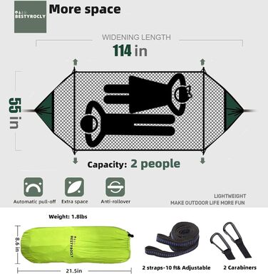 Надлегкий відкритий гамак із москітною сіткою та брезентом Rainfly, кемпінговий гамак на 2 особи, вантажопідйомність 660 фунтів, портативний парашутний нейлоновий гамак для подорожей, піших прогулянок, саду