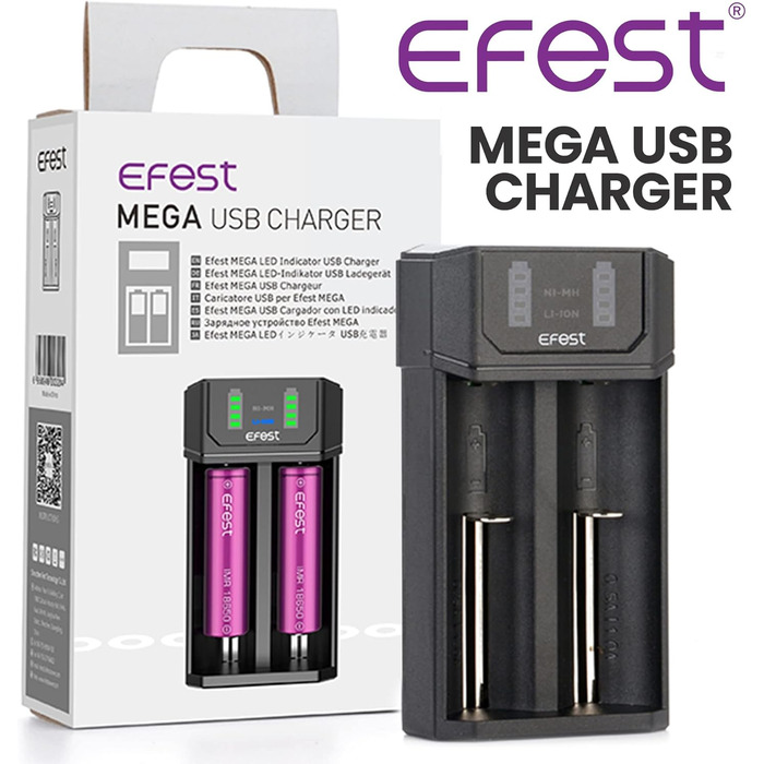 Зарядний пристрій Efest Mega USB для акумуляторів AA AAA 18650 21700 з двома слотами, швидкий 1A NiMH літій-іонний