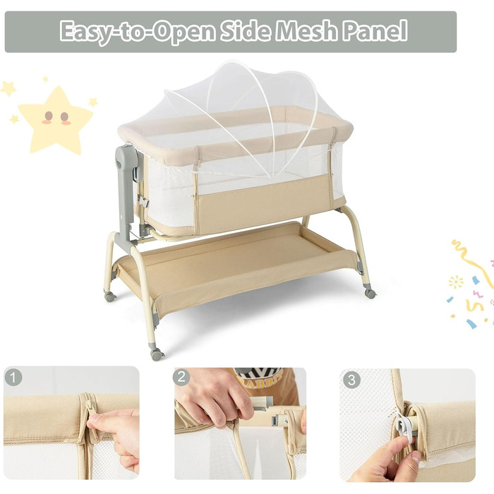 Дитяче ліжко LIFEZEAL з москітною сіткою, дитяче ліжечко-тумбочка з матрацом та колесами, дорожнє ліжечко з 6 регулюваннями висоти, портативна дитяча колиска для малюків 0-6 місяців, колиска з кошиком для зберігання (бежевий)
