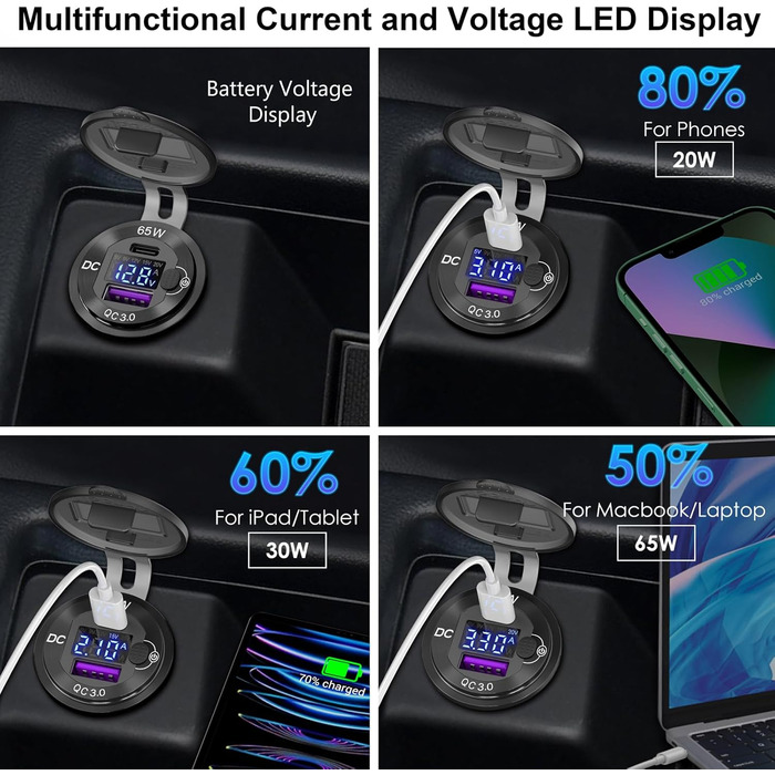 Вт Металева розетка USB C PD 12В автомобільна USB-розетка типу C Вбудована розетка Водонепроникний автомобільний адаптер 12 вольт