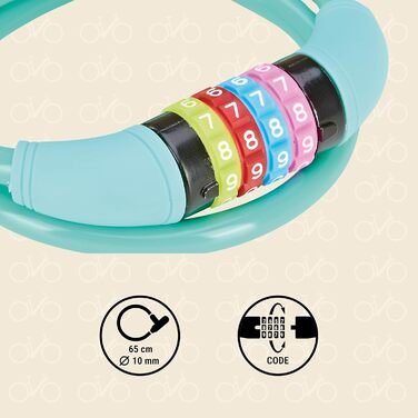 Велосипедний замок Prophete, дитячий кодовий замок з цифрами, 4-значний код, з можливістю самостійного налаштування, розміри 650 мм, діаметр 10 мм, бірюзовий