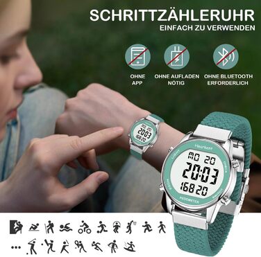 Крокомір для жінок, фітнес-трекер для ходьби, водонепроникний спортивний годинник, лічильник калорій, наручний годинник з великим цифровим дисплеєм, для пенсіонерів, жінок та людей похилого віку, зелений