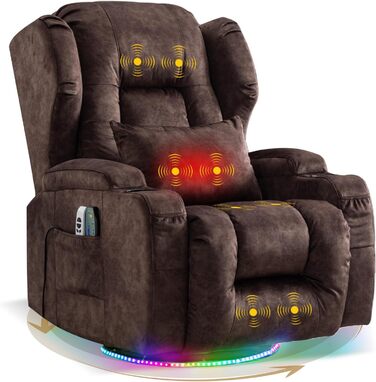 Електричне крісло для телевізора з функцією відкидання спинки, крісло з обертовим кутом 240, крісло для кінотеатру, масажне крісло з функцією підігріву, крісло для телевізора, крісло для відпочинку вагою до 150 кг (оксамит, коричневий) Коричнева оксамитов