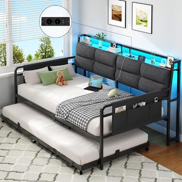 Розкладний диван-ліжко з висувним ліжком, кушетка 90x200(180x200) см, розкладна кушетка зі світлодіодним освітленням та зарядною станцією (2 розетки змінного струму, 2 порти USB), односпальне та двоспальне ліжко, гостьове ліжко сірого кольору 90x200 см/18