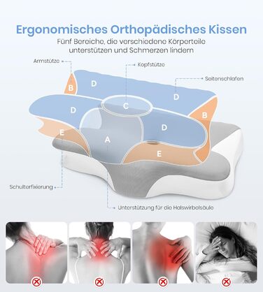 Подушка з піни з ефектом пам&39яті, ортопедична подушка для шиї 2 в 1, ергономічна подушка для підтримки шиї, регульована по висоті подушка для сну на боці, спині та животі, 60x41,5x10/12 см, білого та сірого кольорів