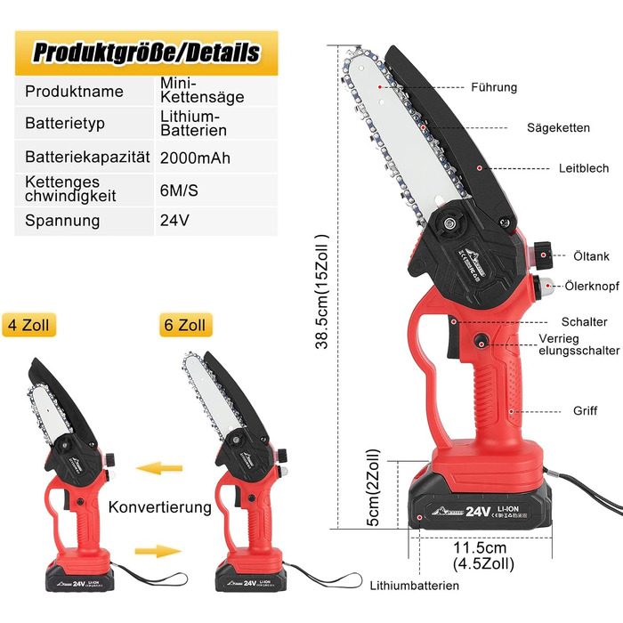 Міні-бензопила WADEO з акумулятором, 6-дюймова та 4-дюймова акумуляторна бензопила з 4 ланцюгами та 2 акумуляторами, одноручна бензопила електрична з маслянкою, ручна бензопила для обрізки гілок та саду