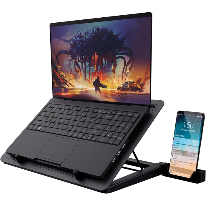 Охолоджувальна підставка для ноутбука Trust GXT 1125 Quno з 5 вентиляторами та LED-підсвічуванням, тримач для смартфона, запобігає перегріву, сумісна з ноутбуками/MacBook до 17,3 дюймів