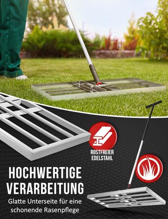 Гребінь для газону з нержавіючої сталі 75x35 см - професійний вирівнювач для газону з ручкою - для розрівнювання, підсипання піском та догляду - ергономічний інструмент для вирівнювання газону, що зберігає спину