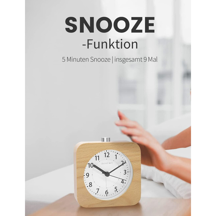 ВищеГодинник будильник аналоговий без цокання, будильник дерев'яний з дрімотою, тумбочка настільний годинник з нічником, ретро-будильник аналоговий на батарейках (потрібна батарея 1*AA - натуральне дерево світло-коричневого кольору (квадрат, світло-коричн